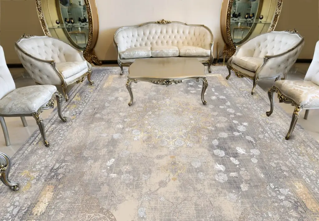 Grey and gold acrylic carpet under a cream classic sofa set with gilded armchairs