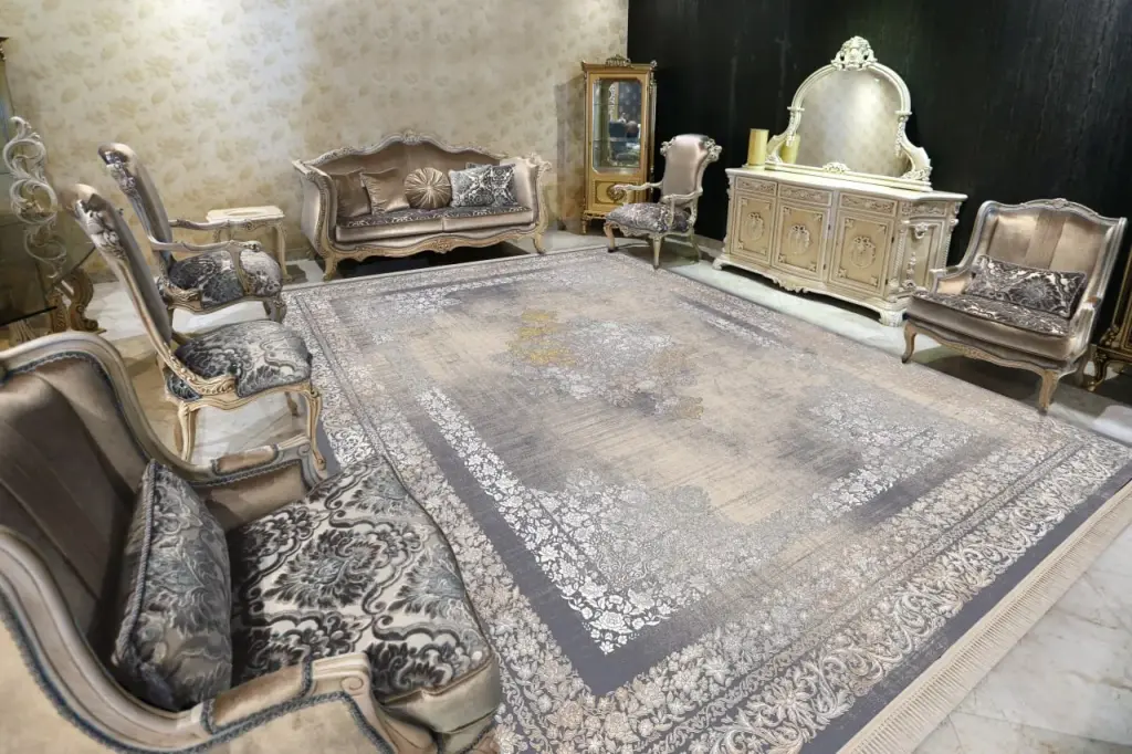 Grey acrylic carpet with a floral border in a classic sitting room with a carved sideboard